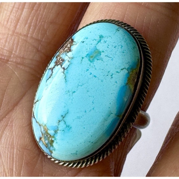 Native American Navajo Indian Turquoise Jewelry Jewelry - Navajo Golden Hills Ring Blue Turquoise Sz 7 Adj Signed Skeets Sterling‎ Native